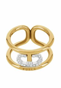 Iată un inel cu două benzi, de culoare aurie, care prezintă un logo G interconectat cu cristale clare. Suprafață netedă cu finisaj lustruit, gravat cu "FURLA."