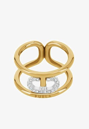 Dvojprstencový prsteň v zlatej farbe s prepojeným logom G a čírymi kryštálmi. Hladký povrch s lesklým dokončením, gravírovaný s nápisom "FURLA."