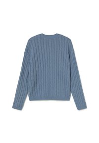 Blauer Kabelstrick-Pullover mit langen Ärmeln und Rundhalsausschnitt, mit gerippten Bündchen und Saum, von hinten auf einem weißen Hintergrund gezeigt.