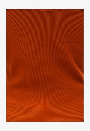 Ribbed fabric in deep orange with a smooth texture. The material drapes softly, showing vertical lines throughout its surface.