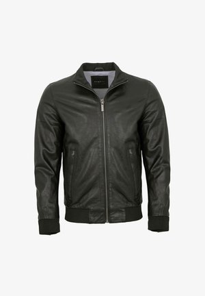 Schwarze Lederbomberjacke mit Stehkragen, durchgängigem Reißverschluss und zwei Seitentaschen. Rippstrickärmel und -saum. Glatte Textur.