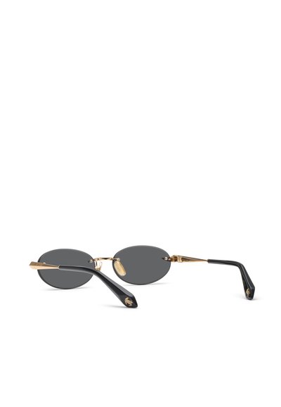 Oval black sunglasses with gold frame and black temple tips, shown from the back on a white background.