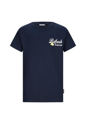 Donkerblauw T-shirt met korte mouwen, met de tekst "Refresh Retour Jeans" en een kleine citroengrafiek op de bovenkant van de linkerborst.