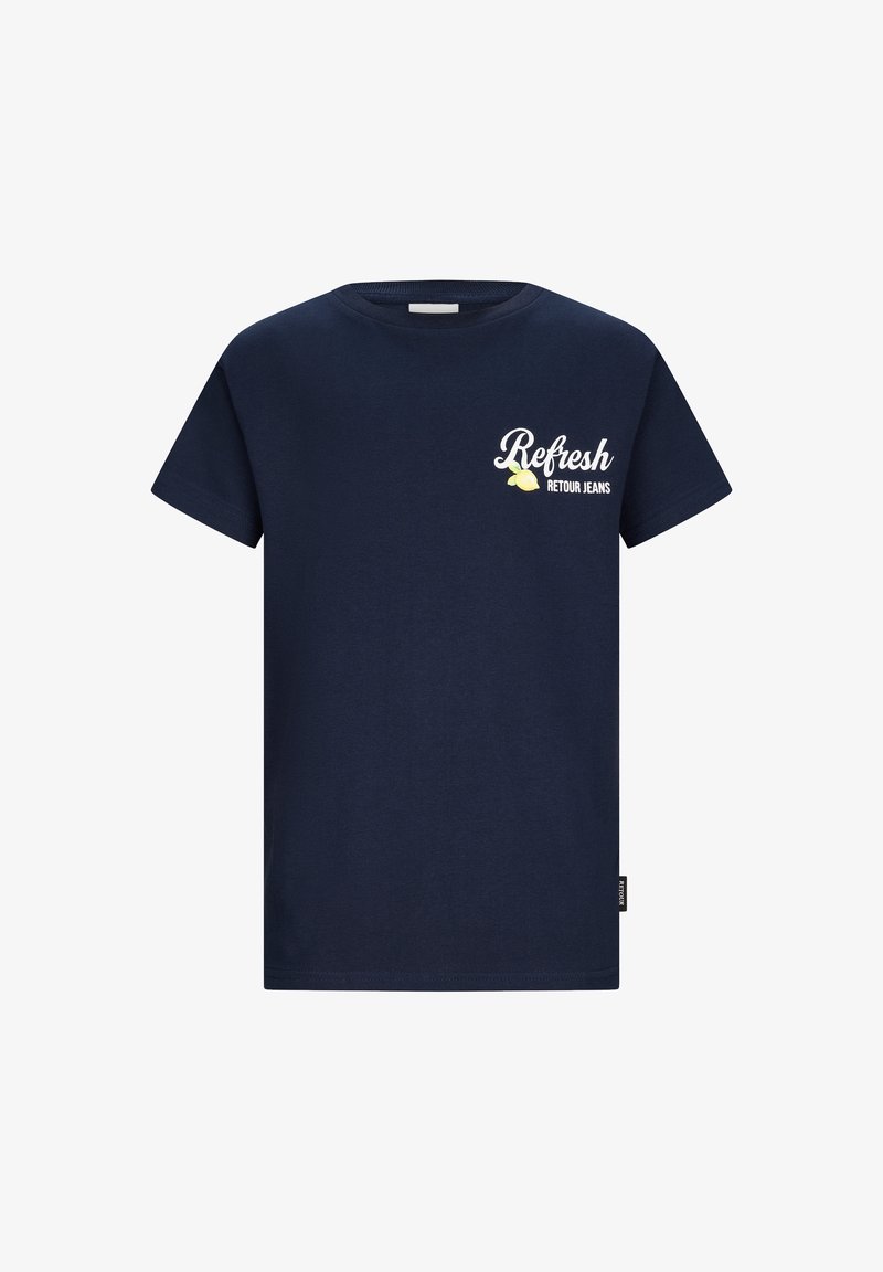 Donkerblauw T-shirt met korte mouwen, met de tekst "Refresh Retour Jeans" en een kleine citroengrafiek op de bovenkant van de linkerborst.