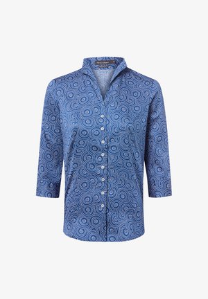 Camicia blu con bottoni, caratterizzata da motivi a spirale e dettagli bianchi. Presenta maniche a tre quarti e colletto. Materiale in cotone, texture liscia.