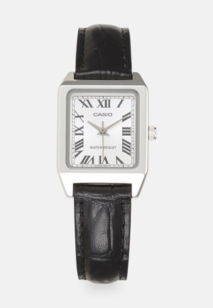 Silver square watch with a white face, black Roman numerals, and "WATER RESIST" text. Black leather strap with a textured finish.