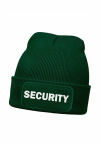 Green knitted beanie with a folded cuff and a rectangular patch displaying the word "SECURITY" in bold white letters.