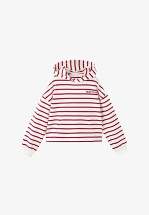 Bela jopa s kapuco z rdečimi vodoravnimi črtami, sprednjim žepom in napisom "UŽIVAJ V MORJU" na levi strani prsnega koša.