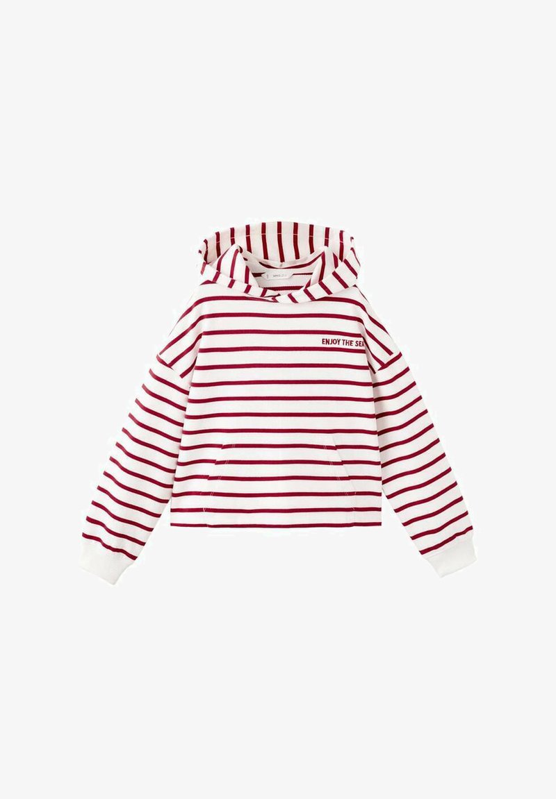 Hanorac alb cu dungi orizontale roșii, buzunar frontal și textul „BUCURĂ-TE DE MARE” pe piept, în partea stângă.