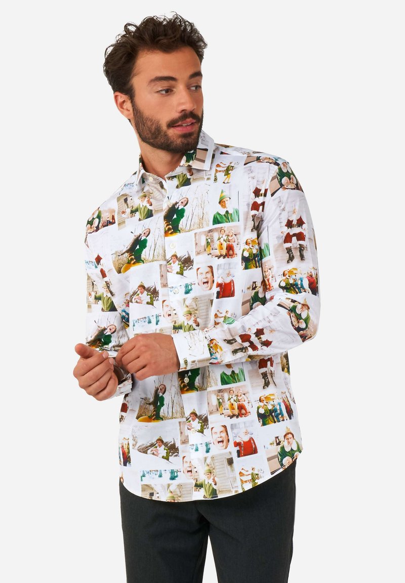 Long-sleeve button-up shirt in white fabric, featuring a collage of colorful photo prints throughout, showcasing various holiday-themed images.