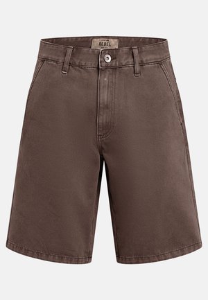 Brown casual knee-length shorts with belt loops, front button, zipper, and side pockets, labeled "REBEL" inside the waistband.