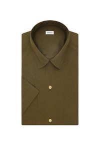 Camicia a maniche corte di colore verde oliva scuro, con colletto a punta e bottoni beige. Realizzata in un tessuto liscio con cuciture pulite.