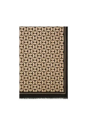 Tapis rectangulaire beige et noir à motifs avec des formes circulaires entrelacées et une bordure noire avec franges sur l’un des petits côtés.