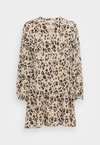 Robe en imprimé léopard avec un décolleté en V, de longues manches ballon et une jupe à volants. Fabriquée en tissu léger dans des tons neutres de beige et de marron.