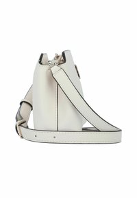 Borsa a tracolla in pelle bianca con forma rettangolare, chiusura superiore con zip, tracolla staccabile e cuciture a contrasto lungo i bordi.