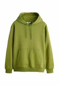 Grön huvtröja tillverkad av mjukt tyg med framficka, justerbar huva med dragsko samt ribbade muddar och fåll.