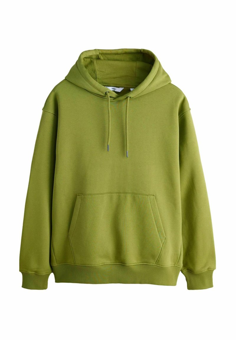 Grön huvtröja tillverkad av mjukt tyg med framficka, justerbar huva med dragsko samt ribbade muddar och fåll.