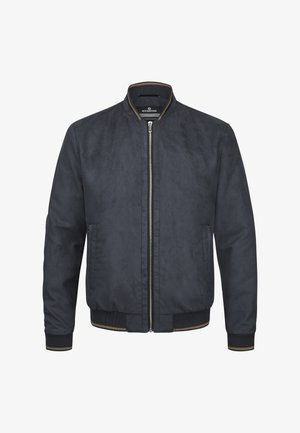 Marineblaue Bomberjacke aus glattem Stoff, mit Reißverschluss vorne, gerippten Bündchen und Saum sowie einem dezenten goldfarbenen Besatz am Kragen.