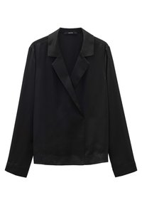 Schwarze Satin-Blazer mit einem Reverskragen, langen Ärmeln und einer glatten, glänzenden Oberfläche; verfügt über keine Verschlüsse oder Taschen.
