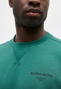 Κοντινό πλάνο ενός ατόμου που φοράει πράσινο φούτερ με στρογγυλή λαιμόκοψη, στο οποίο αναγράφεται στο στήθος «BJÖRN BORG STOCKHOLM 1956».