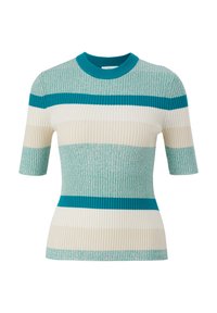 Kurzärmliges Strickoberteil mit gerippter Textur in Teal, Creme und hellblauen Streifen, mit Rundhalsausschnitt und figurbetontem Schnitt.