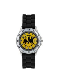 Montre-bracelet sur le thème de Batman avec un cadran jaune, un symbole de chauve-souris noir, une lunette en argent et un bracelet en silicone noir flexible avec des motifs carrés.