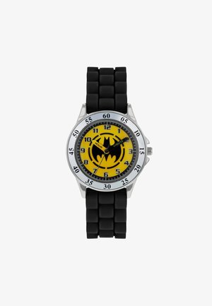 Orologio da polso a tema Batman con quadrante giallo, simbolo del pipistrello nero, lunetta argentata e un cinturino in silicone nero flessibile con motivi quadrati.