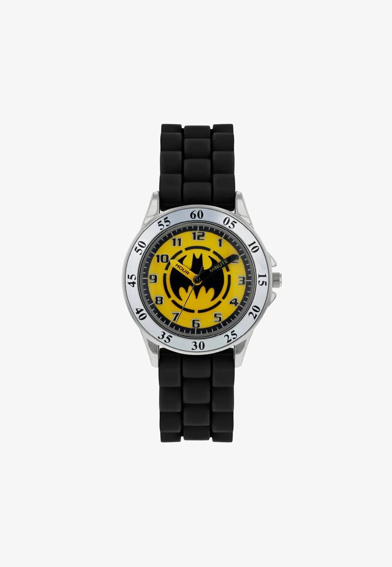 Montre-bracelet sur le thème de Batman avec un cadran jaune, un symbole de chauve-souris noir, une lunette en argent et un bracelet en silicone noir flexible avec des motifs carrés.