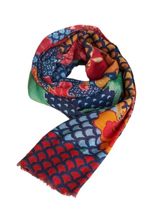 Multicolored scarf with floral and scale patterns in red, blue, green, and orange, folded in a loose loop with fringed edges.