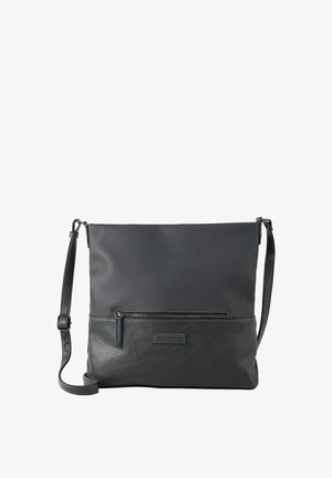 Zwarte schoudertas gemaakt van soepel leer en canvas, met een ritsvak aan de voorkant, een verstelbare schouderband en een eenvoudige rechthoekige vorm.