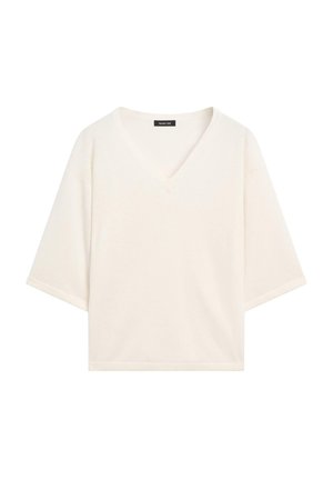 V-hals cropped top in zachte crèmekleurige stof, met korte mouwen en een relaxte pasvorm. Gladde textuur zonder patronen of versieringen.