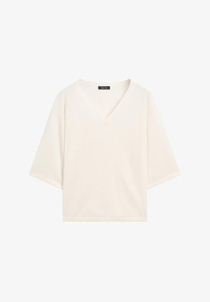 V-hals cropped top in zachte crèmekleurige stof, met korte mouwen en een relaxte pasvorm. Gladde textuur zonder patronen of versieringen.