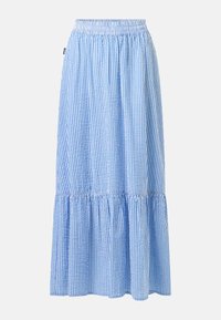 Longue jupe rayée verticale bleu clair et blanc avec taille élastique et volant froncé près de l'ourlet.