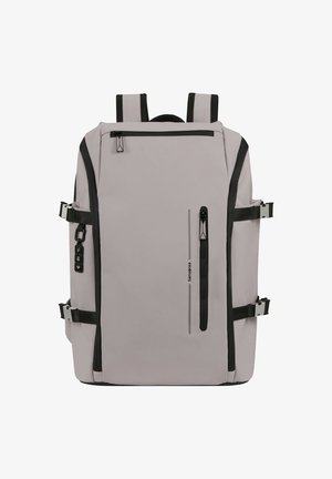 Light gray rectangular backpack with black zippers, side straps, vertical front pocket, and padded shoulder straps.