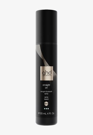 Bouteille de spray cylindrique noire étiquetée ghd straight on straight and smooth spray, 120 millilitres, avec un design or et blanc.