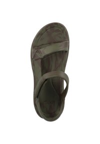 Green camouflage sandal with a textured footbed, adjustable strap, and minimalist design. Made from durable synthetic material.
