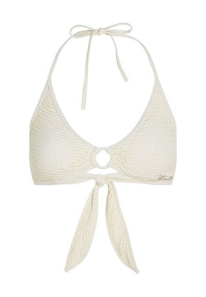 Weißes gehäkeltes Bikini-Oberteil mit dreieckiger Form, verstellbaren Bändern, einem runden Ausschnitt in der Mitte und einem dezenten Logo-Detail.