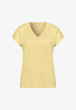 Camisa amarilla clara de manga corta con cuello en V, corte relajado y etiqueta "Street One" en el interior del cuello.