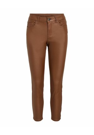 Bruine nepleer skinny broeken met een gladde textuur, vijf zakken design en een sluiting met een voorknop. Geen zichtbare branding.