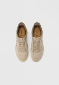 Baskets en daim beige avec une texture lisse, un design à lacets et des semelles intérieures perforées. La semelle est blanche avec un accent beige.