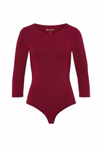 Body à manches longues bordeaux en matière extensible ; doté d'un col rond et d'une coupe ajustée avec une fermeture à pression en bas.
