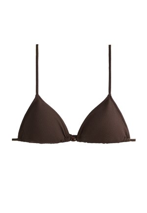 Hnědý žebrovaný trojúhelníkový bikiny top s tenkými ramínky a smyčkovým zapínáním na přední straně. Hladká textura a bezešvý design.