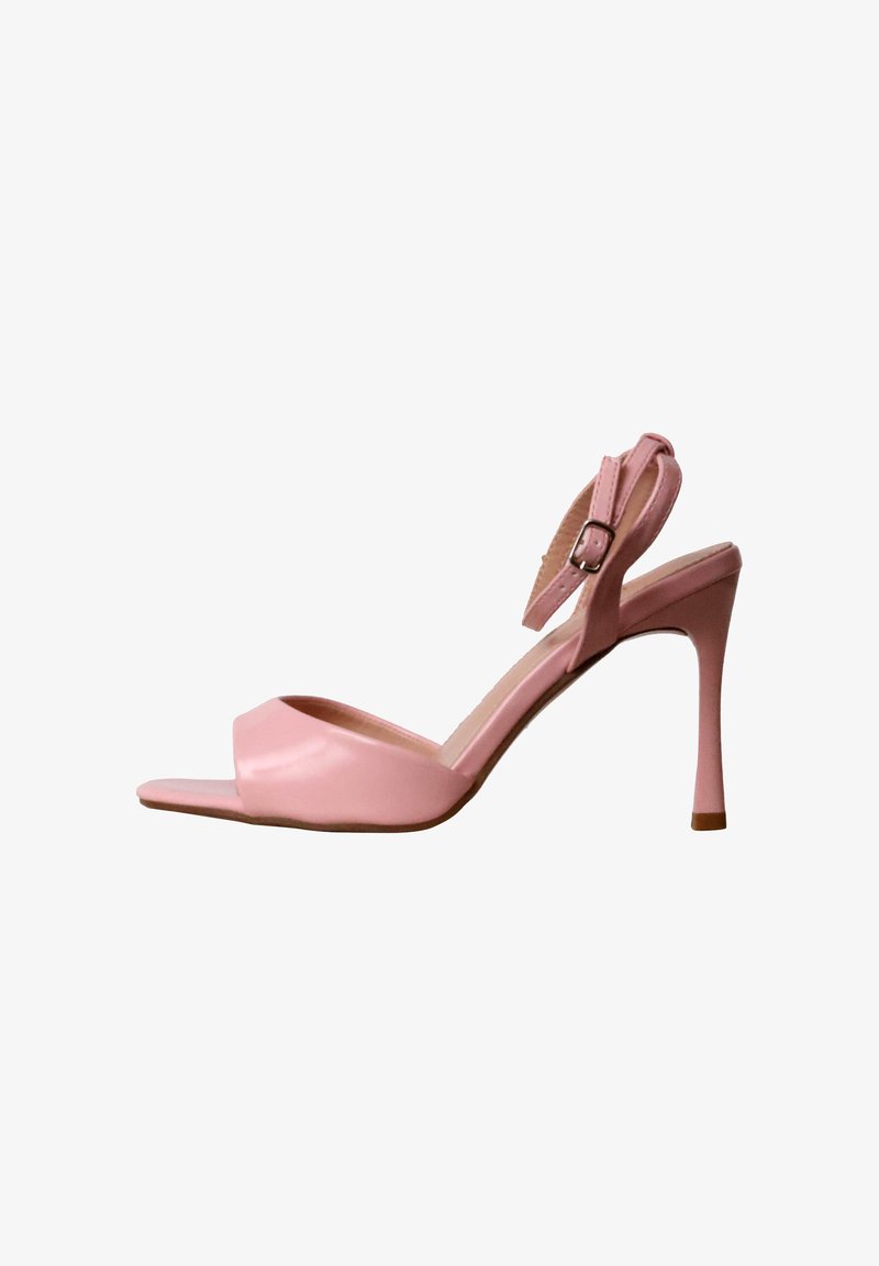 Sandale rose à talon haut ouverte à l'avant avec bride de cheville et boucle, talon stiletto fin, finition cuir lisse.