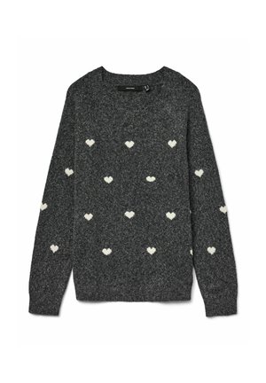 Pull en tricot gris avec un col rond, des manches longues et des motifs de cœurs blancs dispersés sur le tissu.