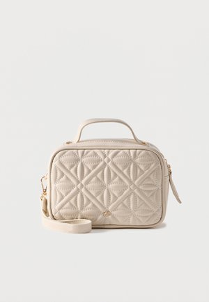 Beige quilted rectangular handbag with top handle, detachable shoulder strap, gold zipper, and small gold logo on front center.