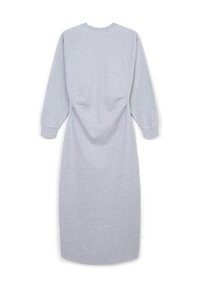 Helles graues Sweatshirtkleid mit langen Ärmeln, gerippten Bündchen und einem tiefen, gerafften Taillenbereich, flach von hinten präsentiert.