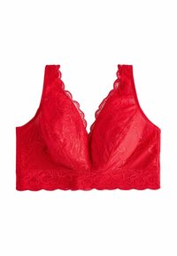 Roter Spitzen-BH mit V-Ausschnitt, gewelltem Rand und weichen Cups. Texturiertes Material mit Blumenmustern und breiteren Trägern für Unterstützung.