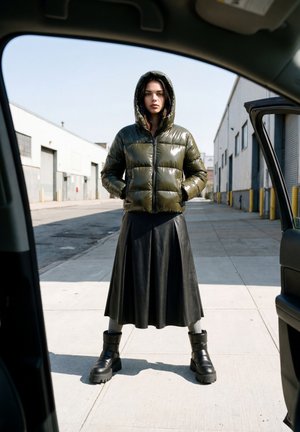 Femme portant une doudoune olive brillante avec capuche, jupe en cuir noire, chaussettes grises et bottes noires, debout dans une rue industrielle ensoleillée.
