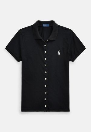 Black polo shirt made of cotton, featuring a button-down front, short sleeves, and a small white logo on the chest.