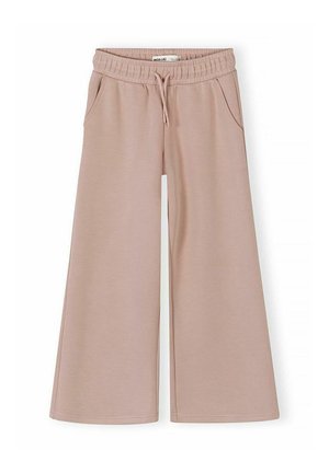 Beige bukser med vide ben, elastik i taljen, snøre og sidelommer, designet til afslappet brug.